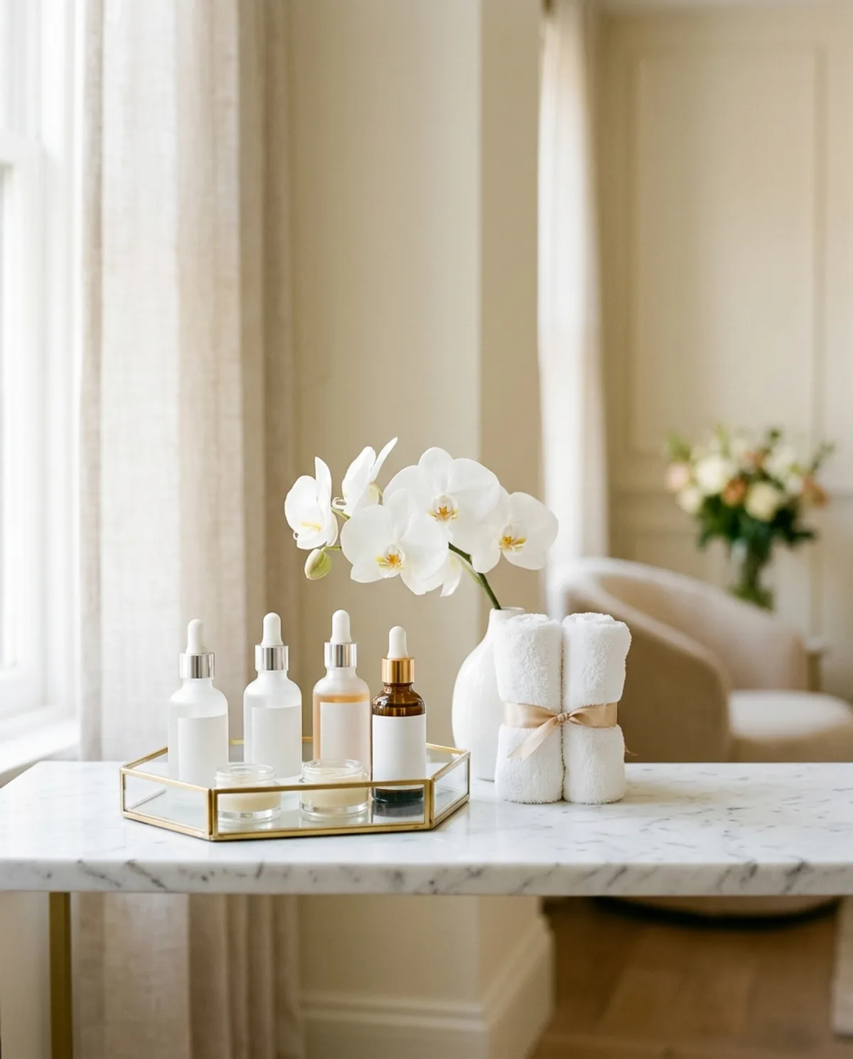 Skincare serums, white orchids and soft towels styled on a marble table at Hive Aesthetics